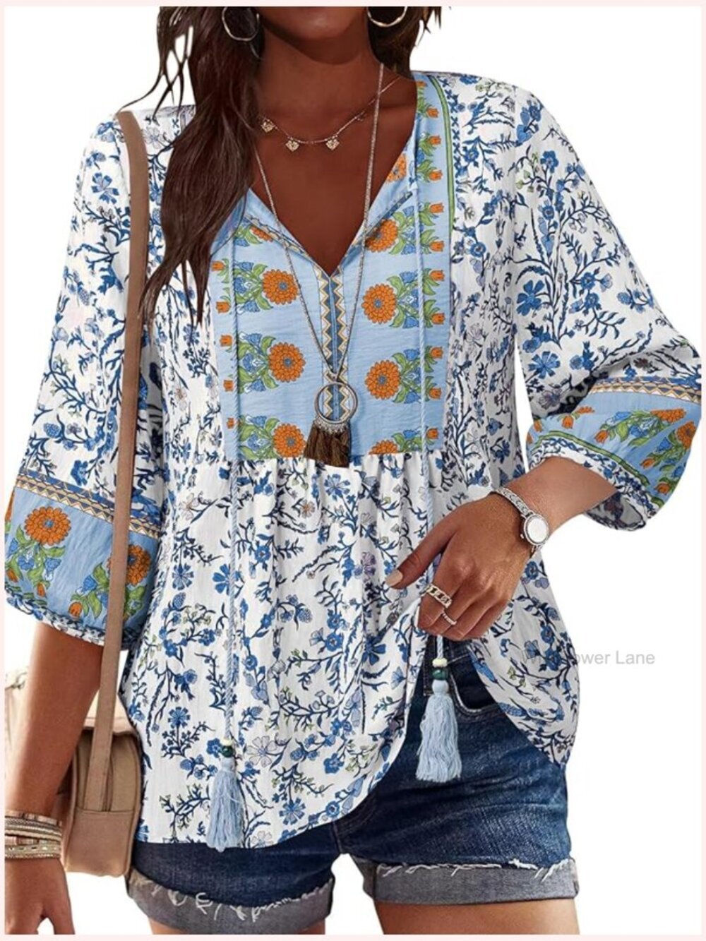 Women's Boho Babydoll Tunic 3/4 Sleeve V-Neck Tie Front Flowy Peplum Blouse
